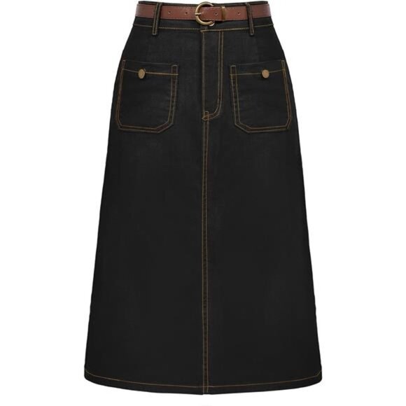Denim Skirt with Belt Below Knee Length Black - Picture 1 of 6